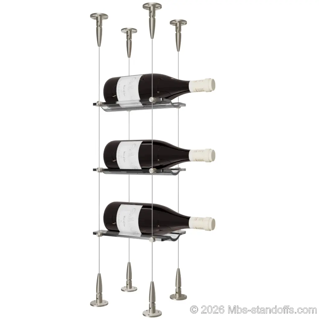 Viognier - Condrieu Collection Bottle Display Cable Cradle Kit, 3-Bottle Capacity, Floating Cable System, 1-Bottle Wave Acrylic Cradle, Cable: 1/16″ Diameter, 13′-1″ Length with Satin Brushed Hanger