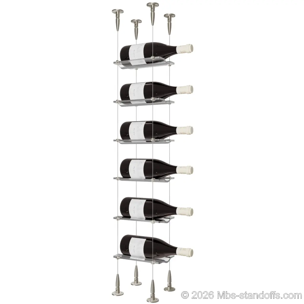 Viognier - Condrieu Collection Bottle Display Cable Cradle Kit, 6-Bottle Capacity, Floating Cable System, 1-Bottle Wave Acrylic Cradle, Cable: 1/16″ Diameter, 13′-1″ Length with Satin Brushed Hanger