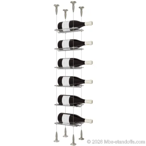 [SCS15SS-CW01-K6] Viognier - Condrieu Collection Bottle Display Cable Cradle Kit, 6-Bottle Capacity, Floating Cable System, 1-Bottle Wave Acrylic Cradle, Cable: 1/16″ Diameter, 13′-1″ Length with Satin Brushed Hanger
