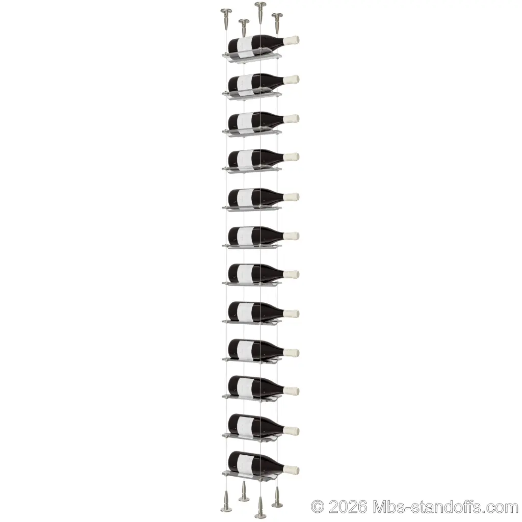 Viognier - Condrieu Collection Bottle Display Cable Cradle Kit, 12-Bottle Capacity, Floating Cable System, 1-Bottle Wave Acrylic Cradle, Cable: 1/16″ Diameter, 13′-1″ Length with Satin Brushed Hanger