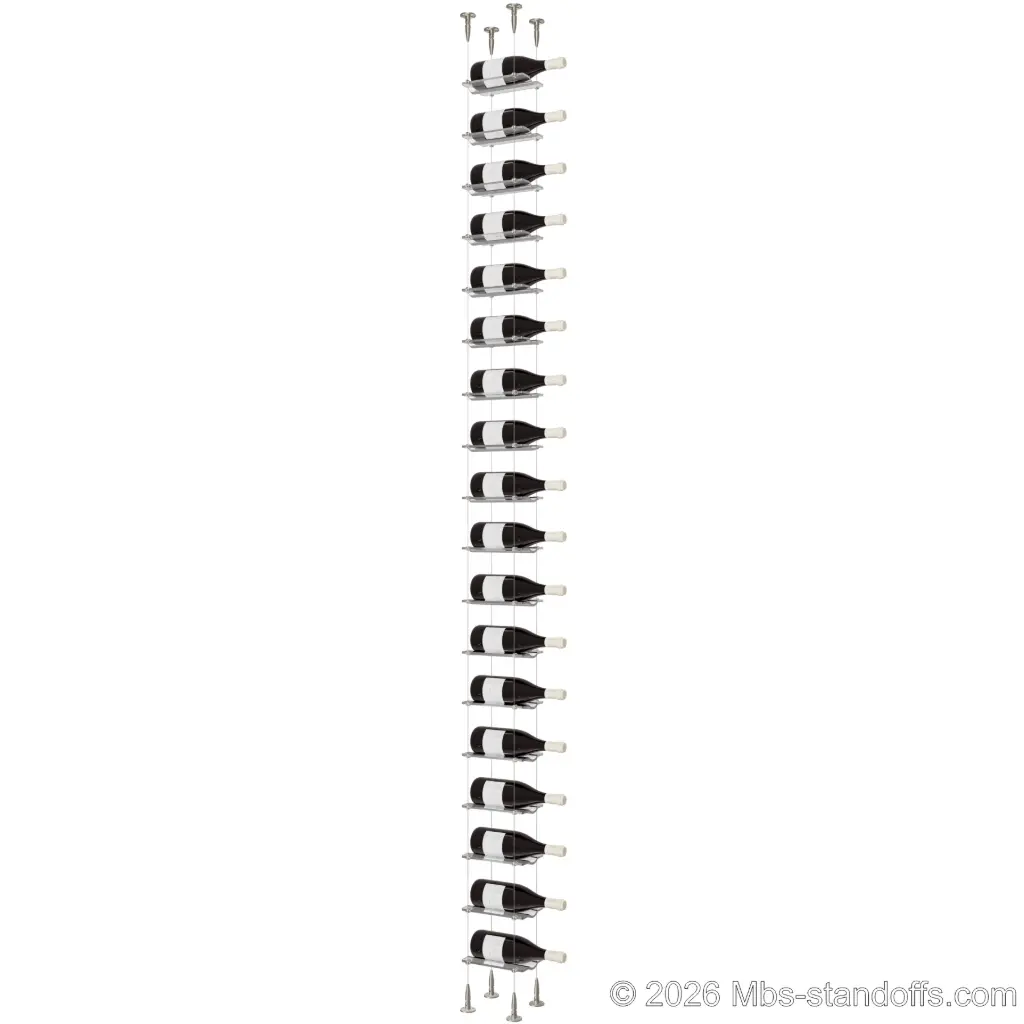 Viognier - Condrieu Collection Bottle Display Cable Cradle Kit, 18-Bottle Capacity, Floating Cable System, 1-Bottle Wave Acrylic Cradle, Cable: 1/16″ Diameter, 13′-1″ Length with Satin Brushed Hanger