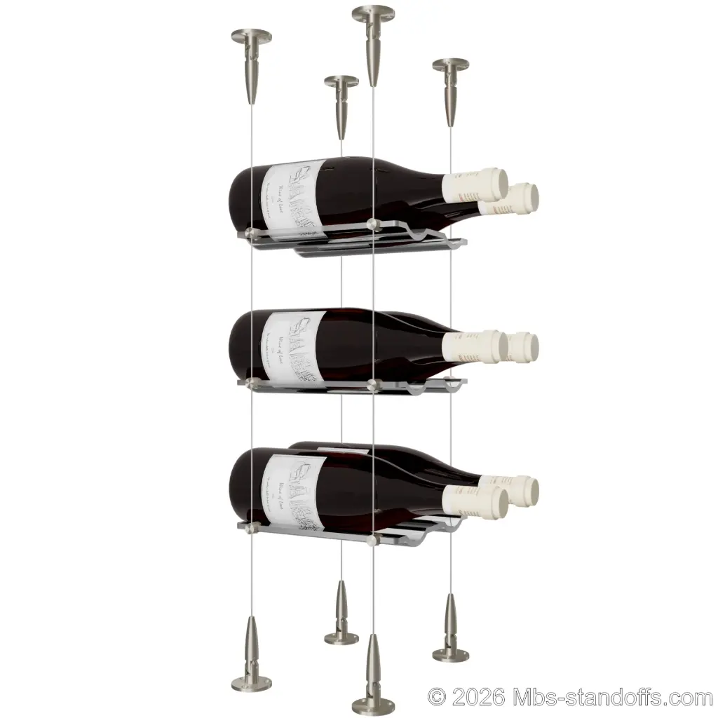 Viognier - Condrieu Collection Bottle Display Cable Cradle Kit, 6-Bottle (2x3) Capacity, Floating Cable System, 2-Bottle Wave Acrylic Cradle, Cable: 1/16″ Diameter, 13′-1″ Length with Satin Brushed Hanger