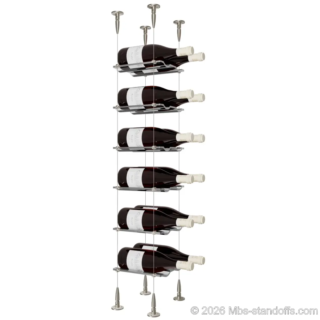 Viognier - Condrieu Collection Bottle Display Cable Cradle Kit, 12-Bottle (2x6) Capacity, Floating Cable System, 2-Bottle Wave Acrylic Cradle, Cable: 1/16″ Diameter, 13′-1″ Length with Satin Brushed Hanger