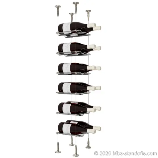 [SCS15SS-CW02-K6] Viognier - Condrieu Collection Bottle Display Cable Cradle Kit, 12-Bottle (2x6) Capacity, Floating Cable System, 2-Bottle Wave Acrylic Cradle, Cable: 1/16″ Diameter, 13′-1″ Length with Satin Brushed Hanger