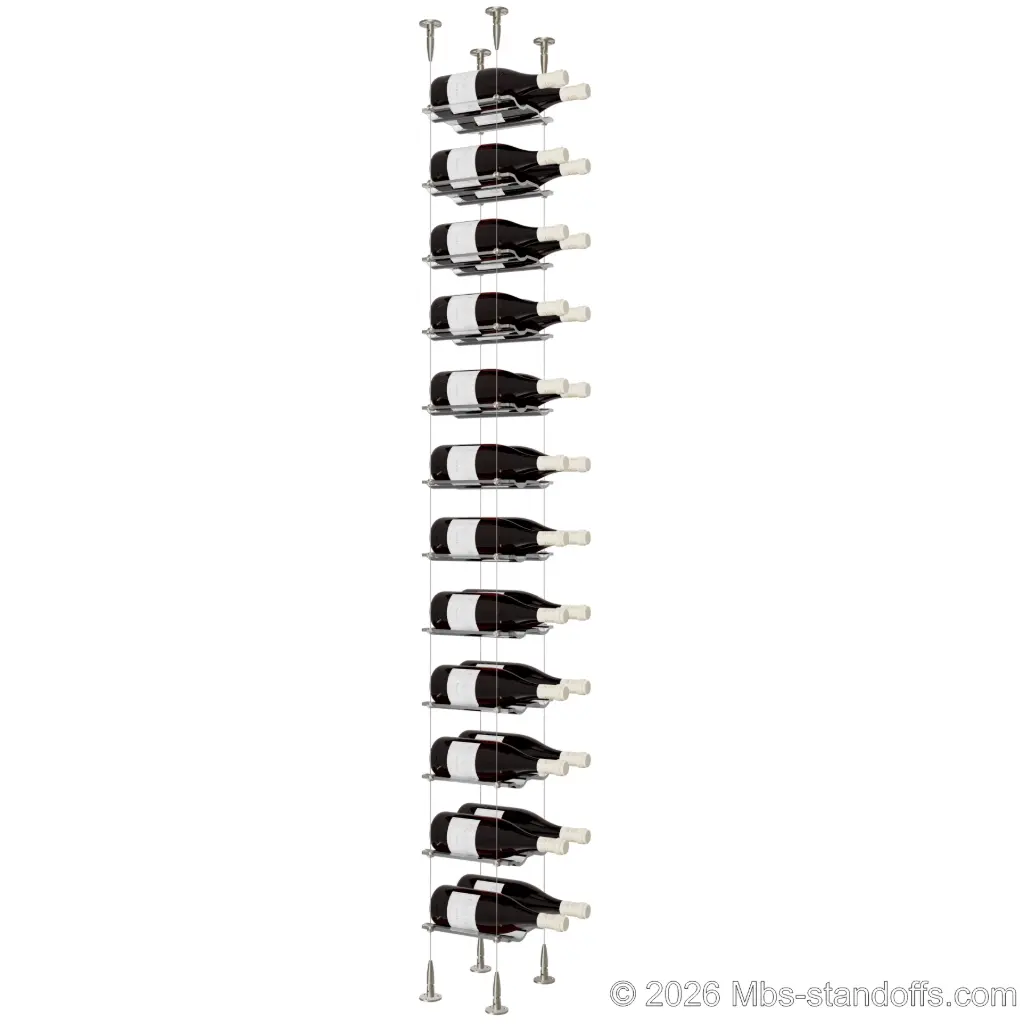 Viognier - Condrieu Collection Bottle Display Cable Cradle Kit, 24-Bottle (2x12) Capacity, Floating Cable System, 2-Bottle Wave Acrylic Cradle, Cable: 1/16″ Diameter, 13′-1″ Length with Satin Brushed Hanger
