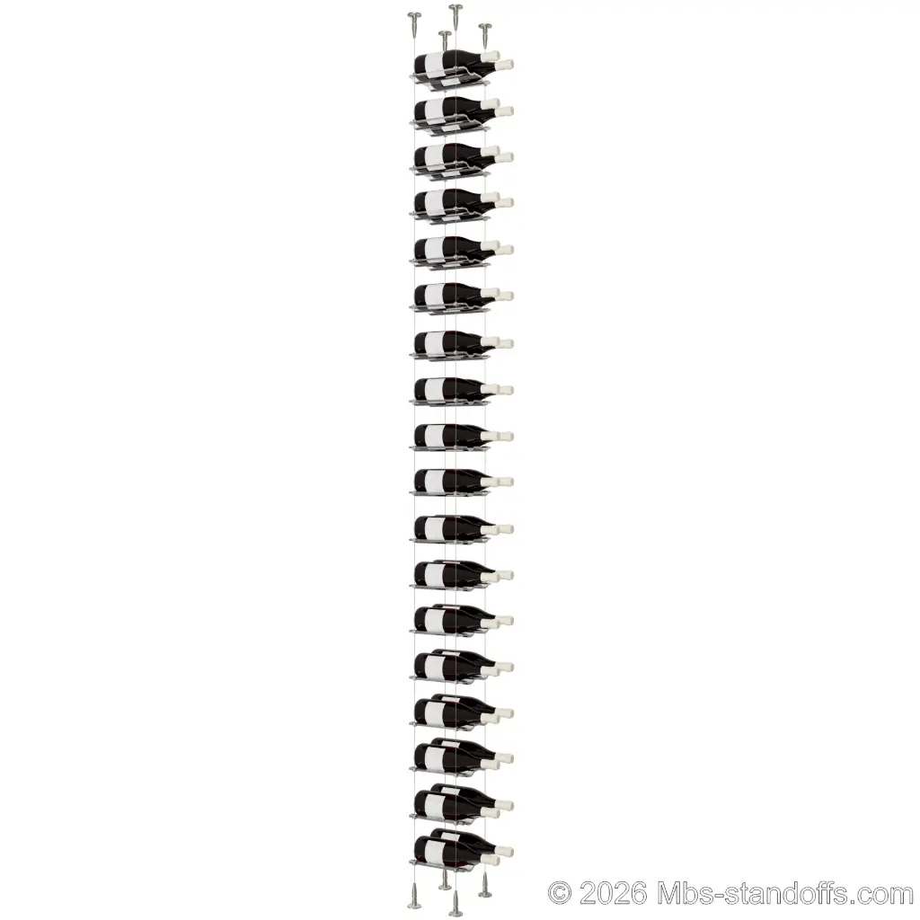 Viognier - Condrieu Collection Bottle Display Cable Cradle Kit, 36-Bottle (2x18) Capacity, Floating Cable System, 2-Bottle Wave Acrylic Cradle, Cable: 1/16″ Diameter, 13′-1″ Length with Satin Brushed Hanger