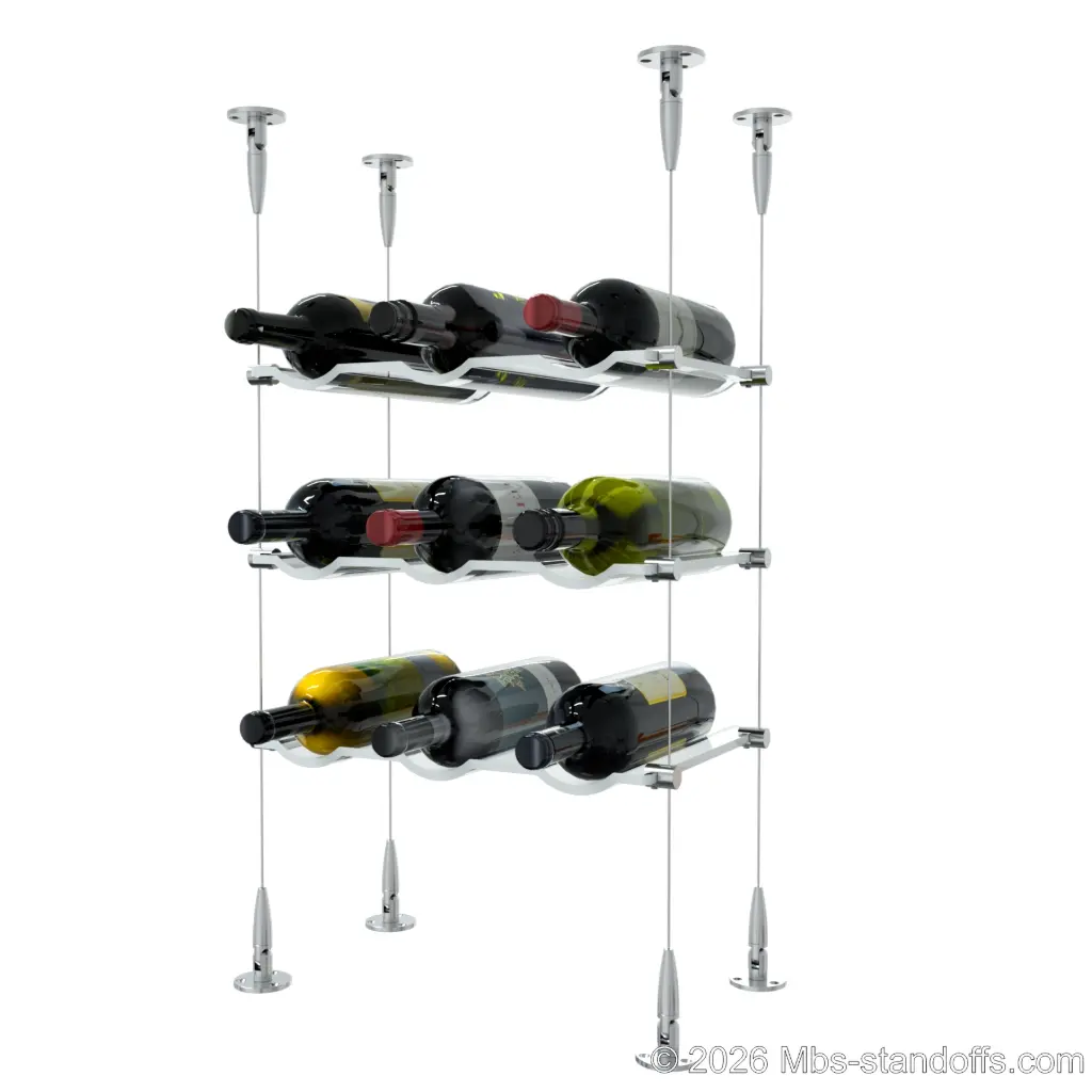Viognier - Condrieu Collection Bottle Display Cable Cradle Kit, 9-Bottle (3x3) Capacity, Floating Cable System, 3-Bottle Wave Acrylic Cradle, Cable: 1/16″ Diameter, 13′-1″ Length with Satin Brushed Hanger