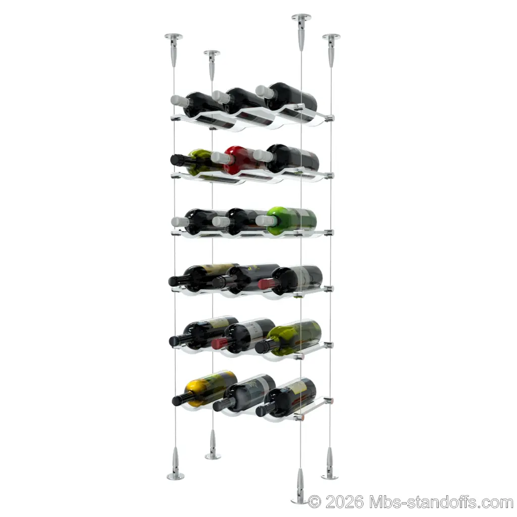 Viognier - Condrieu Collection Bottle Display Cable Cradle Kit, 18-Bottle (3x6) Capacity, Floating Cable System, 3-Bottle Wave Acrylic Cradle, Cable: 1/16″ Diameter, 13′-1″ Length with Satin Brushed Hanger