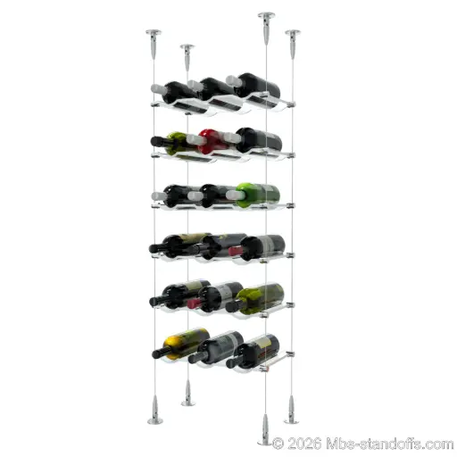 [SCS15SS-CW03-K6] Viognier - Condrieu Collection Bottle Display Cable Cradle Kit, 18-Bottle (3x6) Capacity, Floating Cable System, 3-Bottle Wave Acrylic Cradle, Cable: 1/16″ Diameter, 13′-1″ Length with Satin Brushed Hanger