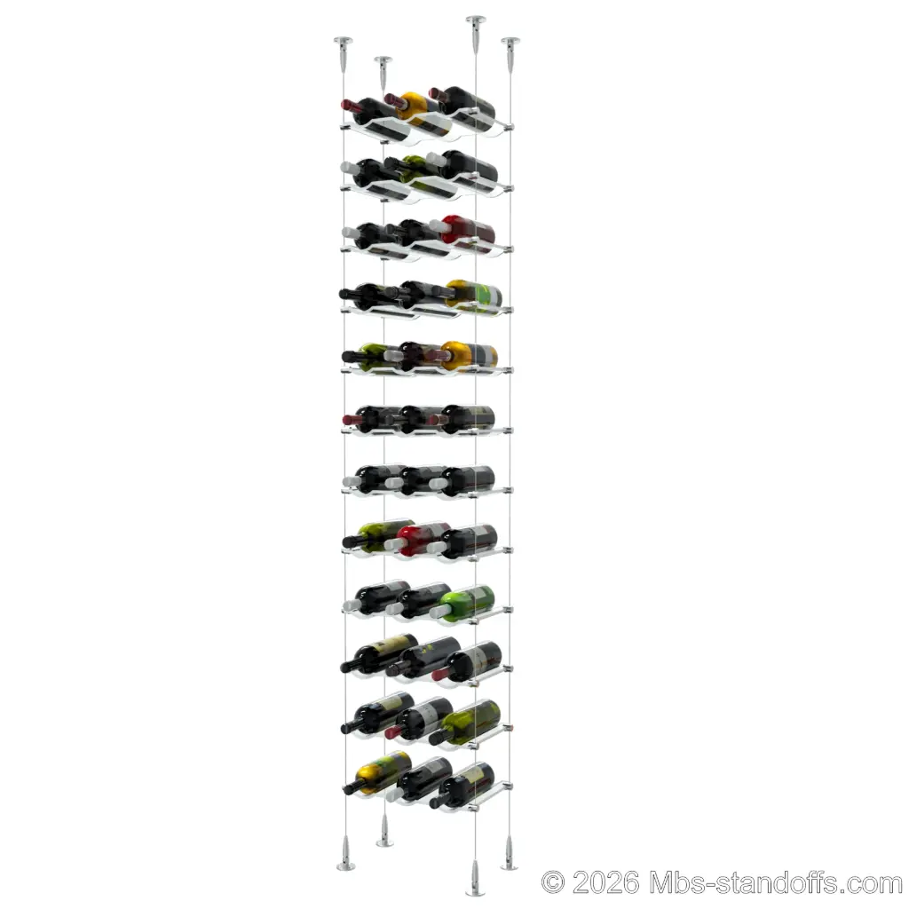 Viognier - Condrieu Collection Bottle Display Cable Cradle Kit, 36-Bottle (3x12) Capacity, Floating Cable System, 3-Bottle Wave Acrylic Cradle, Cable: 1/16″ Diameter, 13′-1″ Length with Satin Brushed Hanger