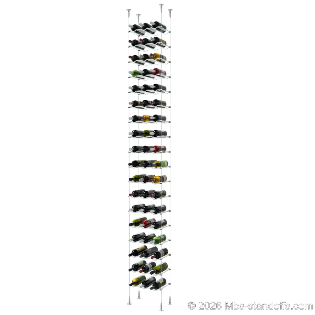Viognier - Condrieu Collection Bottle Display Cable Cradle Kit, 54-Bottle (3x18) Capacity, Floating Cable System, 3-Bottle Wave Acrylic Cradle, Cable: 1/16″ Diameter, 13′-1″ Length with Satin Brushed Hanger