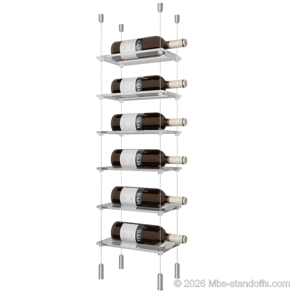 Sauvignon - Pouilly-Fumé Collection Bottle Display Cable Cradle Kit, 6-Bottle Capacity, Floating Cable System, 1-Bottle Flat Acrylic Cradle, Cable: 1/16″ Diameter, 13′-1″ Length with Clear Anodized Hanger