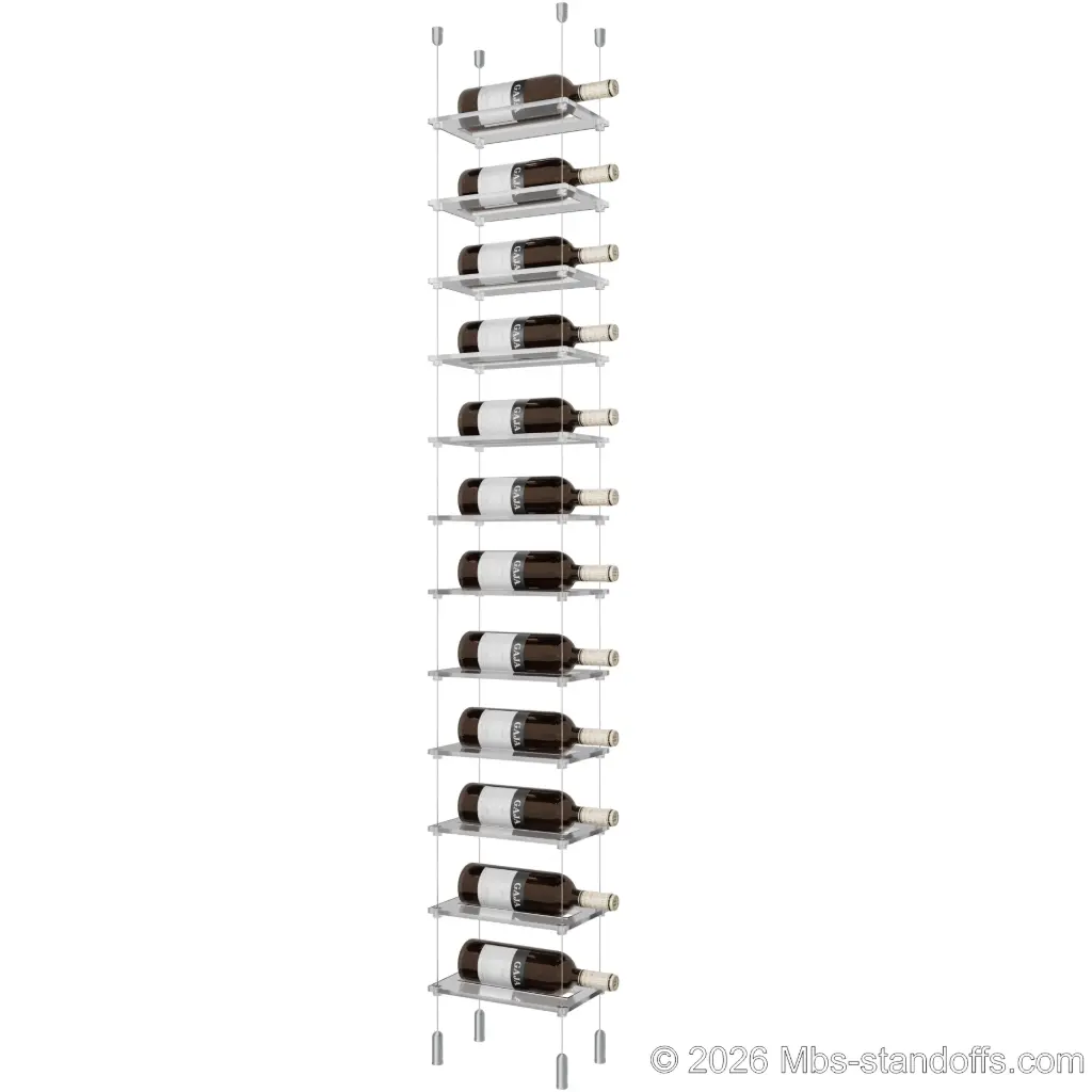 Sauvignon - Pouilly-Fumé Collection Bottle Display Cable Cradle Kit, 12-Bottle Capacity, Floating Cable System, 1-Bottle Flat Acrylic Cradle, Cable: 1/16″ Diameter, 13′-1″ Length with Clear Anodized Hanger