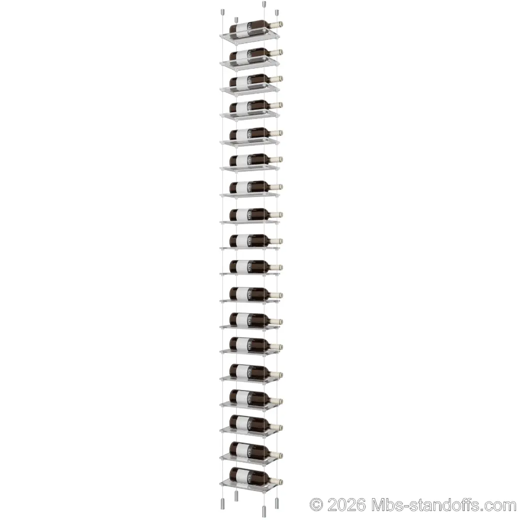 Sauvignon - Pouilly-Fumé Collection Bottle Display Cable Cradle Kit, 18-Bottle Capacity, Floating Cable System, 1-Bottle Flat Acrylic Cradle, Cable: 1/16″ Diameter, 13′-1″ Length with Clear Anodized Hanger