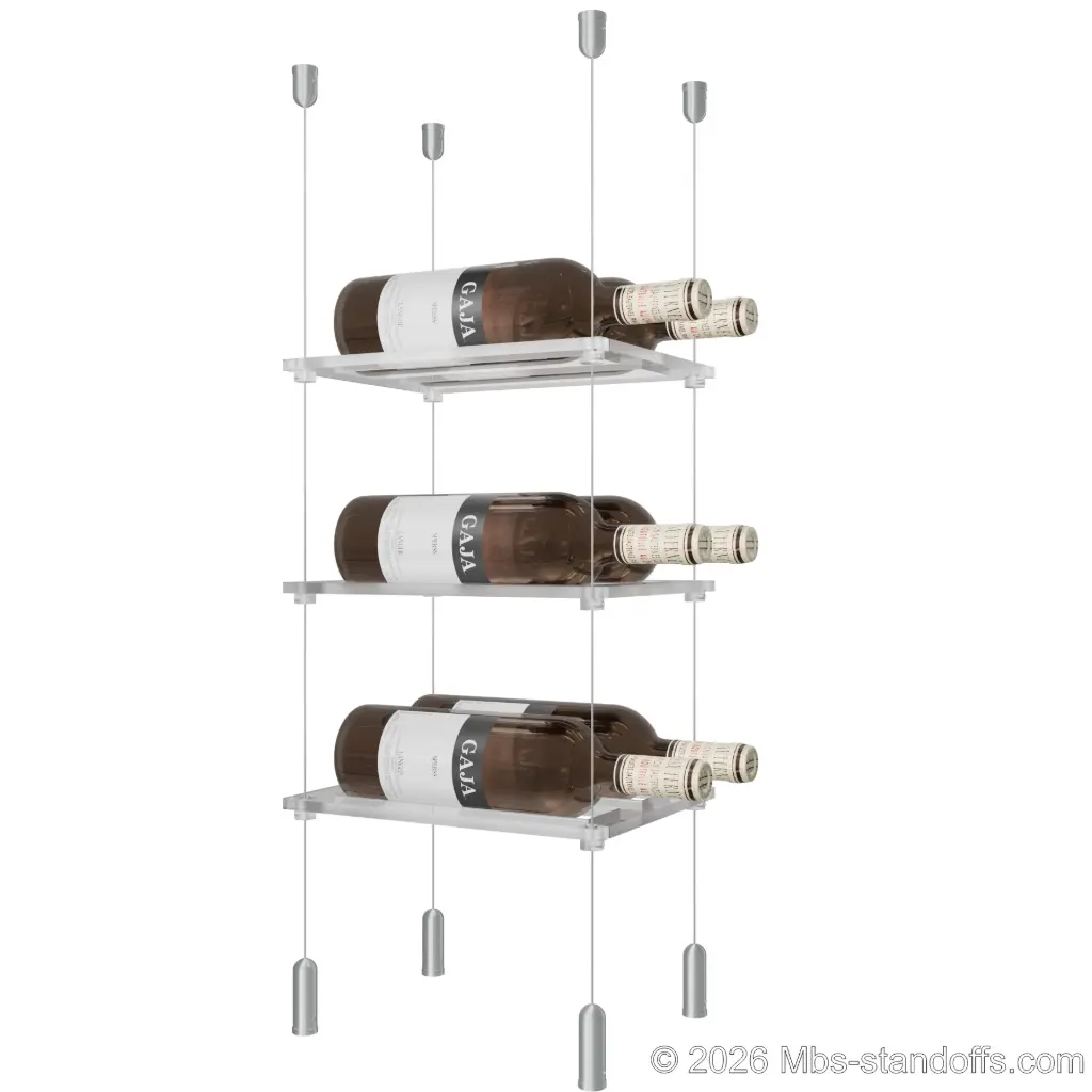 Sauvignon - Pouilly-Fumé Collection Bottle Display Cable Cradle Kit, 6-Bottle (2x3) Capacity, Floating Cable System, 2-Bottle Flat Acrylic Cradle, Cable: 1/16″ Diameter, 13′-1″ Length with Clear Anodized Hanger