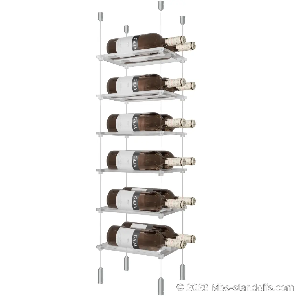 Sauvignon - Pouilly-Fumé Collection Bottle Display Cable Cradle Kit, 12-Bottle (2x6) Capacity, Floating Cable System, 2-Bottle Flat Acrylic Cradle, Cable: 1/16″ Diameter, 13′-1″ Length with Clear Anodized Hanger