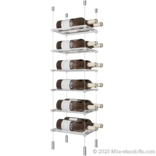 [ACG1904-CF02C-K6] Sauvignon - Pouilly-Fumé Collection Bottle Display Cable Cradle Kit, 12-Bottle (2x6) Capacity, Floating Cable System, 2-Bottle Flat Acrylic Cradle, Cable: 1/16″ Diameter, 13′-1″ Length with Clear Anodized Hanger