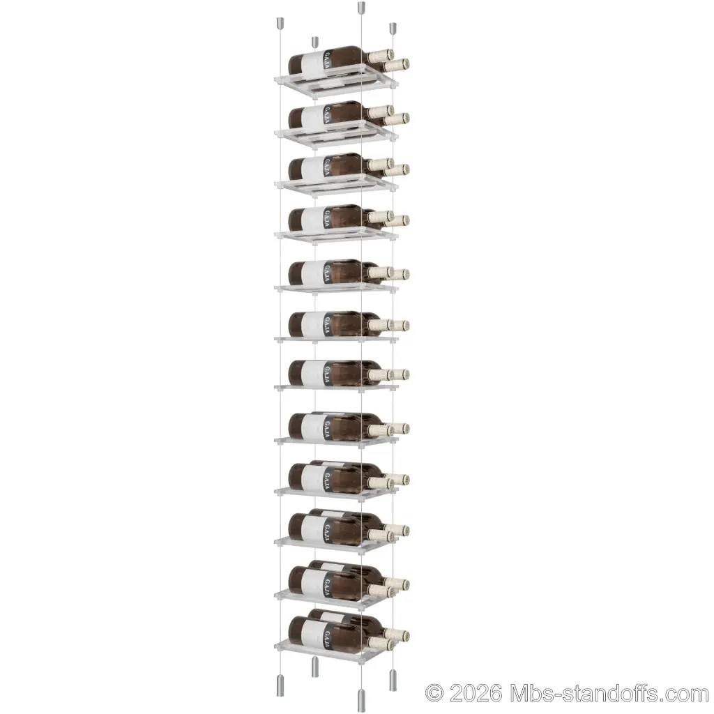 Sauvignon - Pouilly-Fumé Collection Bottle Display Cable Cradle Kit, 24-Bottle (2x12) Capacity, Floating Cable System, 2-Bottle Flat Acrylic Cradle, Cable: 1/16″ Diameter, 13′-1″ Length with Clear Anodized Hanger