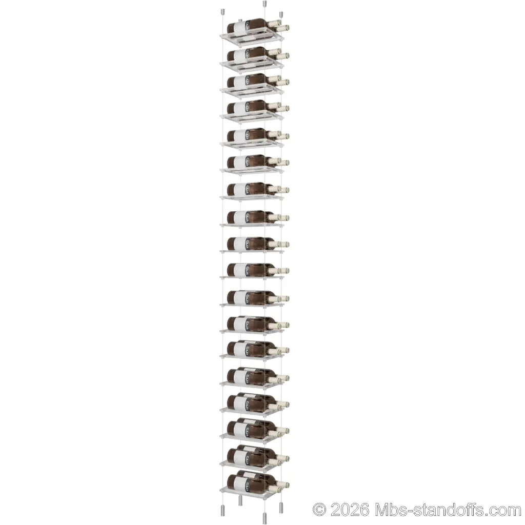 Sauvignon - Pouilly-Fumé Collection Bottle Display Cable Cradle Kit, 36-Bottle (2x18) Capacity, Floating Cable System, 2-Bottle Flat Acrylic Cradle, Cable: 1/16″ Diameter, 13′-1″ Length with Clear Anodized Hanger