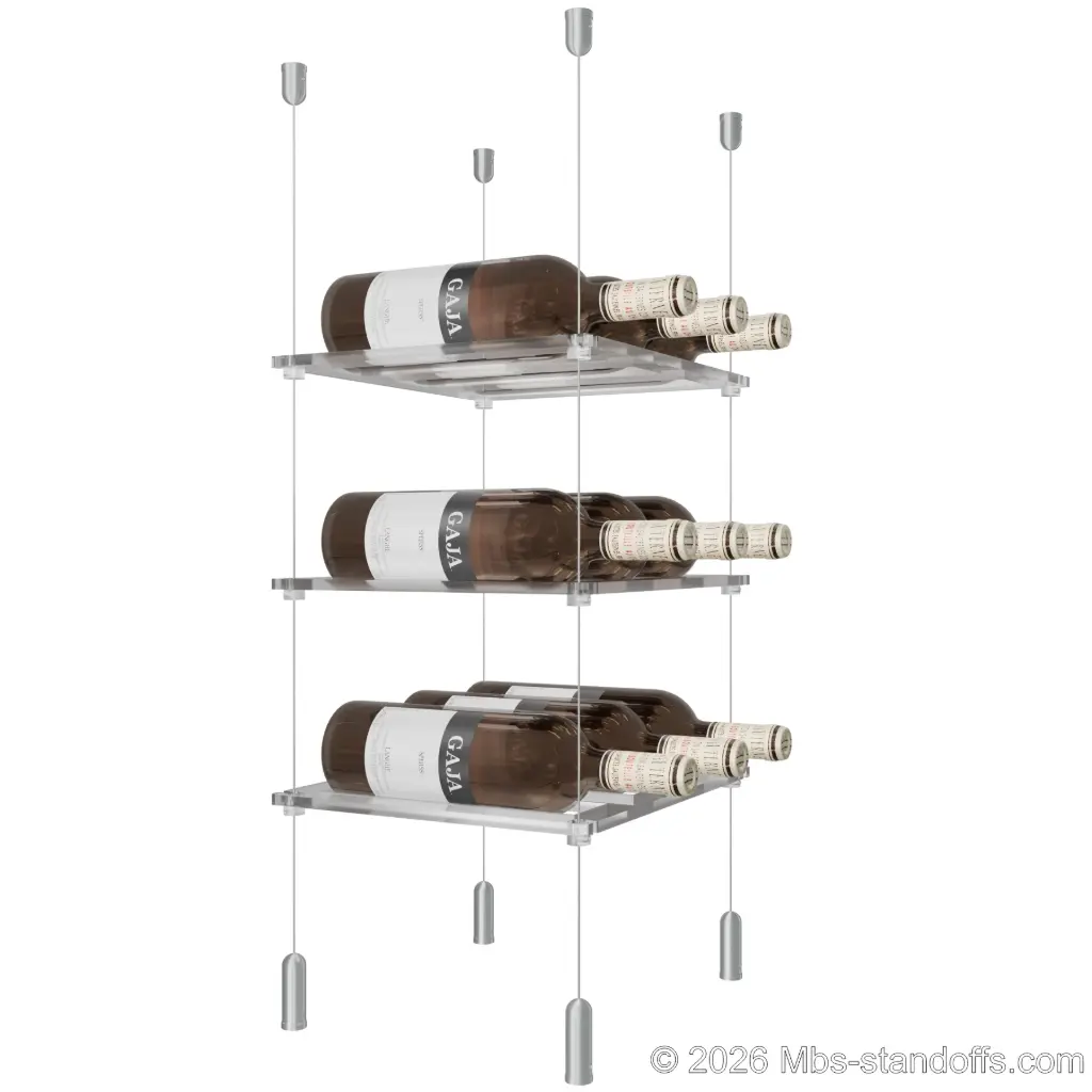 Sauvignon - Pouilly-Fumé Collection Bottle Display Cable Cradle Kit, 9-Bottle (3x3) Capacity, Floating Cable System, 3-Bottle Flat Acrylic Cradle, Cable: 1/16″ Diameter, 13′-1″ Length with Clear Anodized Hanger