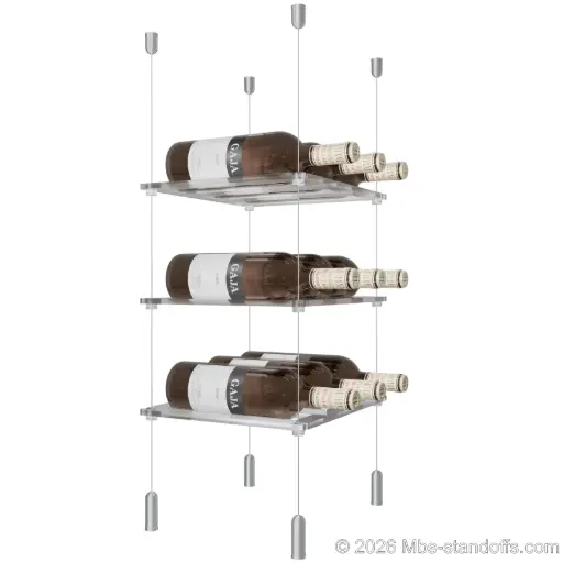 [ACG1904-CF03C-K3] Sauvignon - Pouilly-Fumé Collection Bottle Display Cable Cradle Kit, 9-Bottle (3x3) Capacity, Floating Cable System, 3-Bottle Flat Acrylic Cradle, Cable: 1/16″ Diameter, 13′-1″ Length with Clear Anodized Hanger