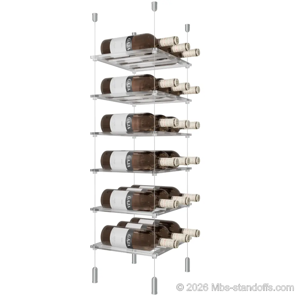 Sauvignon - Pouilly-Fumé Collection Bottle Display Cable Cradle Kit, 18-Bottle (3x6) Capacity, Floating Cable System, 3-Bottle Flat Acrylic Cradle, Cable: 1/16″ Diameter, 13′-1″ Length with Clear Anodized Hanger