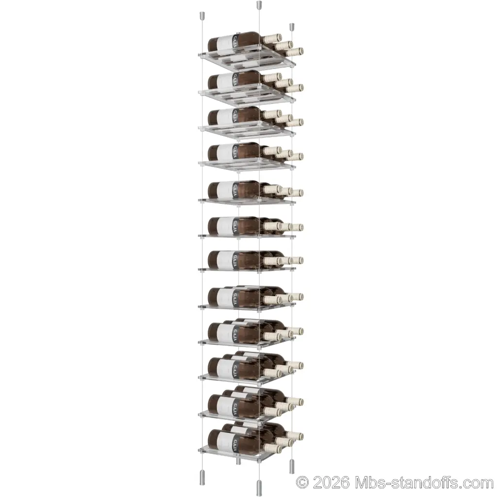 Sauvignon - Pouilly-Fumé Collection Bottle Display Cable Cradle Kit, 36-Bottle (3x12) Capacity, Floating Cable System, 3-Bottle Flat Acrylic Cradle, Cable: 1/16″ Diameter, 13′-1″ Length with Clear Anodized Hanger