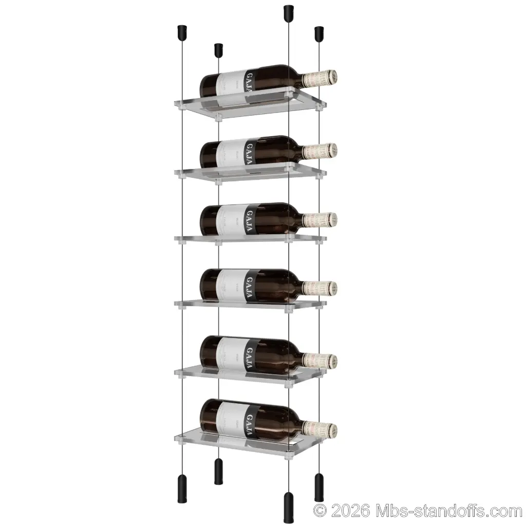 Sauvignon - Pouilly-Fumé Collection Bottle Display Cable Cradle Kit, 6-Bottle Capacity, Floating Cable System, 1-Bottle Flat Acrylic Cradle, Cable: 1/16″ Diameter, 13′-1″ Length with Matte Black Anodized Hanger