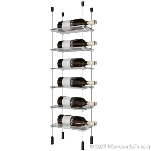 [ACG1904MB-CF01C-K6] Sauvignon - Pouilly-Fumé Collection Bottle Display Cable Cradle Kit, 6-Bottle Capacity, Floating Cable System, 1-Bottle Flat Acrylic Cradle, Cable: 1/16″ Diameter, 13′-1″ Length with Matte Black Anodized Hanger