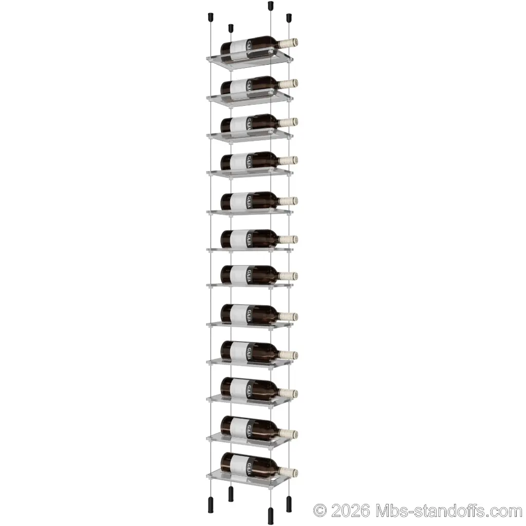 Sauvignon - Pouilly-Fumé Collection Bottle Display Cable Cradle Kit, 12-Bottle Capacity, Floating Cable System, 1-Bottle Flat Acrylic Cradle, Cable: 1/16″ Diameter, 13′-1″ Length with Matte Black Anodized Hanger