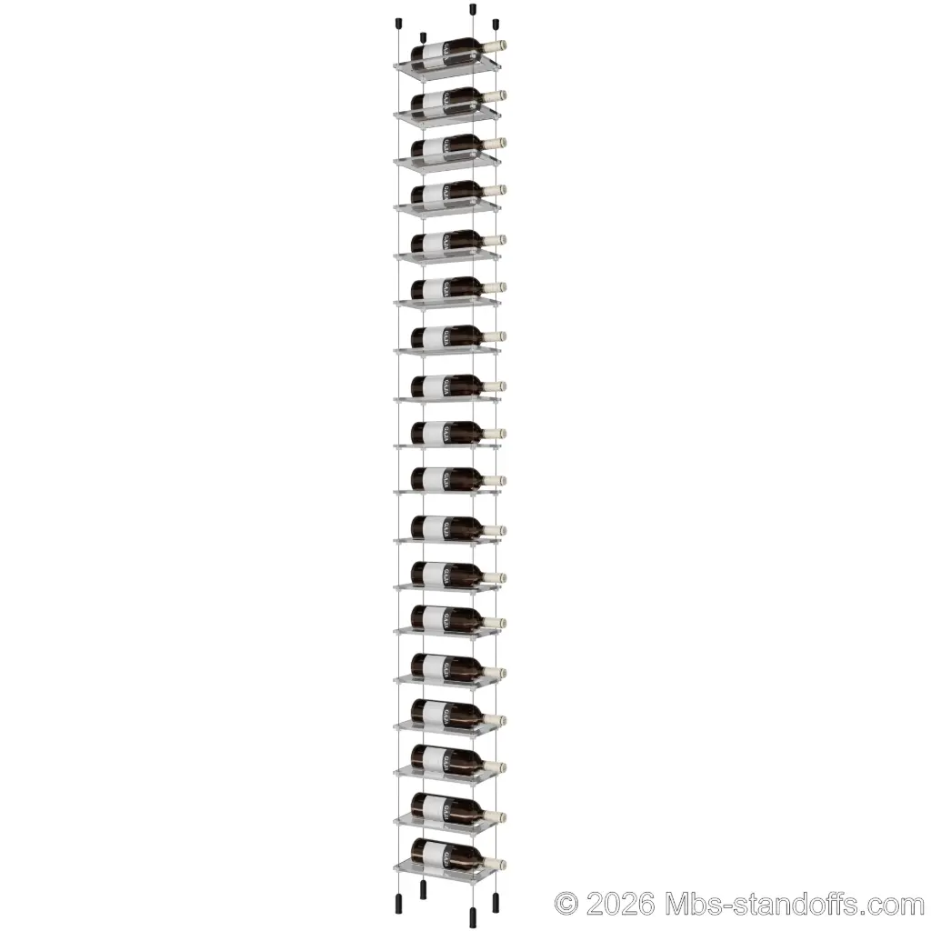 Sauvignon - Pouilly-Fumé Collection Bottle Display Cable Cradle Kit, 18-Bottle Capacity, Floating Cable System, 1-Bottle Flat Acrylic Cradle, Cable: 1/16″ Diameter, 13′-1″ Length with Matte Black Anodized Hanger