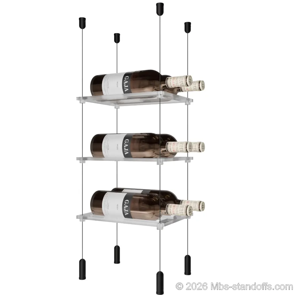 Sauvignon - Pouilly-Fumé Collection Bottle Display Cable Cradle Kit, 6-Bottle (2x3) Capacity, Floating Cable System, 2-Bottle Flat Acrylic Cradle, Cable: 1/16″ Diameter, 13′-1″ Length with Matte Black Anodized Hanger