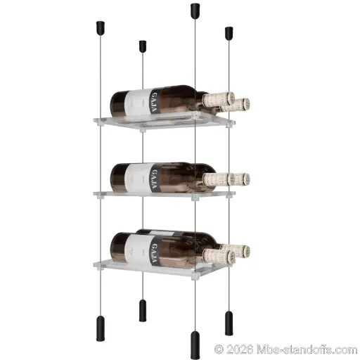 [ACG1904MB-CF02C-K3] Sauvignon - Pouilly-Fumé Collection Bottle Display Cable Cradle Kit, 6-Bottle (2x3) Capacity, Floating Cable System, 2-Bottle Flat Acrylic Cradle, Cable: 1/16″ Diameter, 13′-1″ Length with Matte Black Anodized Hanger