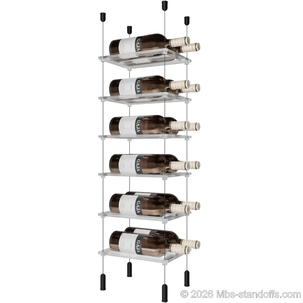 Sauvignon - Pouilly-Fumé Collection Bottle Display Cable Cradle Kit, 12-Bottle (2x6) Capacity, Floating Cable System, 2-Bottle Flat Acrylic Cradle, Cable: 1/16″ Diameter, 13′-1″ Length with Matte Black Anodized Hanger