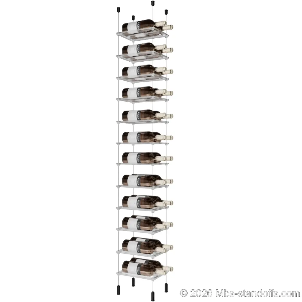 Sauvignon - Pouilly-Fumé Collection Bottle Display Cable Cradle Kit, 24-Bottle (2x12) Capacity, Floating Cable System, 2-Bottle Flat Acrylic Cradle, Cable: 1/16″ Diameter, 13′-1″ Length with Matte Black Anodized Hanger