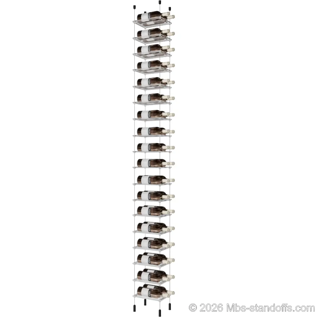 Sauvignon - Pouilly-Fumé Collection Bottle Display Cable Cradle Kit, 36-Bottle (2x18) Capacity, Floating Cable System, 2-Bottle Flat Acrylic Cradle, Cable: 1/16″ Diameter, 13′-1″ Length with Matte Black Anodized Hanger