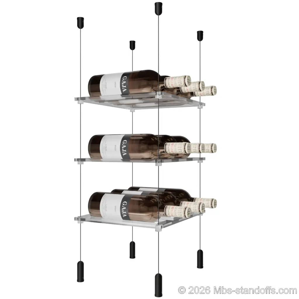 Sauvignon - Pouilly-Fumé Collection Bottle Display Cable Cradle Kit, 9-Bottle (3x3) Capacity, Floating Cable System, 3-Bottle Flat Acrylic Cradle, Cable: 1/16″ Diameter, 13′-1″ Length with Matte Black Anodized Hanger