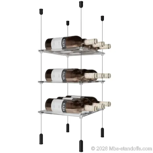 [ACG1904MB-CF03C-K3] Sauvignon - Pouilly-Fumé Collection Bottle Display Cable Cradle Kit, 9-Bottle (3x3) Capacity, Floating Cable System, 3-Bottle Flat Acrylic Cradle, Cable: 1/16″ Diameter, 13′-1″ Length with Matte Black Anodized Hanger
