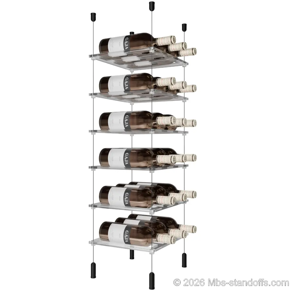 Sauvignon - Pouilly-Fumé Collection Bottle Display Cable Cradle Kit, 18-Bottle (3x6) Capacity, Floating Cable System, 3-Bottle Flat Acrylic Cradle, Cable: 1/16″ Diameter, 13′-1″ Length with Matte Black Anodized Hanger