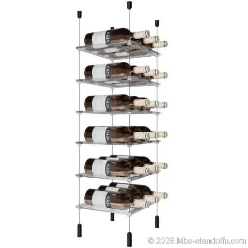 [ACG1904MB-CF03C-K6] Sauvignon - Pouilly-Fumé Collection Bottle Display Cable Cradle Kit, 18-Bottle (3x6) Capacity, Floating Cable System, 3-Bottle Flat Acrylic Cradle, Cable: 1/16″ Diameter, 13′-1″ Length with Matte Black Anodized Hanger