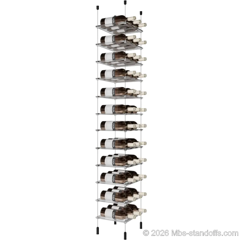 Sauvignon - Pouilly-Fumé Collection Bottle Display Cable Cradle Kit, 36-Bottle (3x12) Capacity, Floating Cable System, 3-Bottle Flat Acrylic Cradle, Cable: 1/16″ Diameter, 13′-1″ Length with Matte Black Anodized Hanger