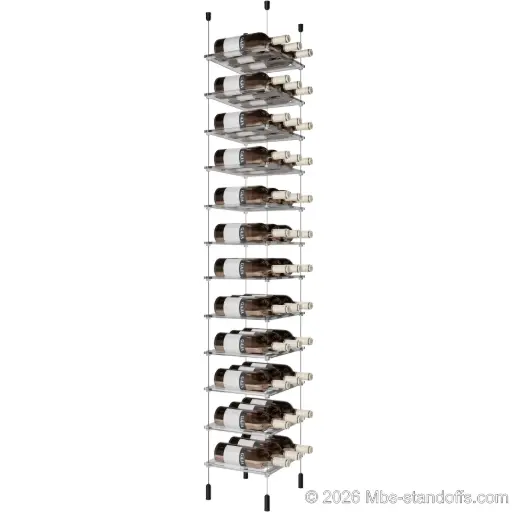 [ACG1904MB-CF03C-K12] Sauvignon - Pouilly-Fumé Collection Bottle Display Cable Cradle Kit, 36-Bottle (3x12) Capacity, Floating Cable System, 3-Bottle Flat Acrylic Cradle, Cable: 1/16″ Diameter, 13′-1″ Length with Matte Black Anodized Hanger