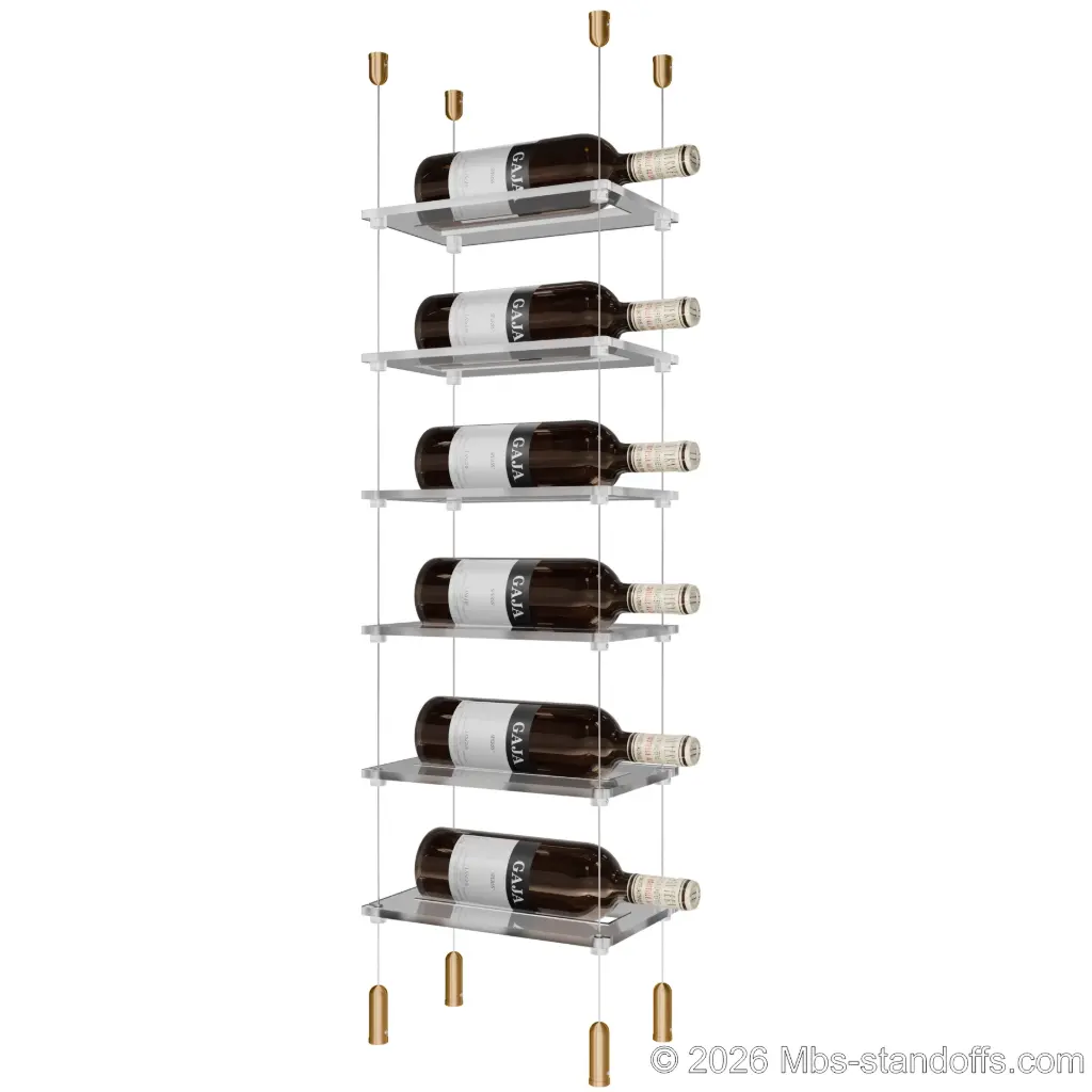 Sauvignon - Pouilly-Fumé Collection Bottle Display Cable Cradle Kit, 6-Bottle Capacity, Floating Cable System, 1-Bottle Flat Acrylic Cradle, Cable: 1/16″ Diameter, 13′-1″ Length with Champagne Anodized Hanger
