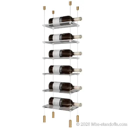 [ACG1904BR-CF01C-K6] Sauvignon - Pouilly-Fumé Collection Bottle Display Cable Cradle Kit, 6-Bottle Capacity, Floating Cable System, 1-Bottle Flat Acrylic Cradle, Cable: 1/16″ Diameter, 13′-1″ Length with Champagne Anodized Hanger