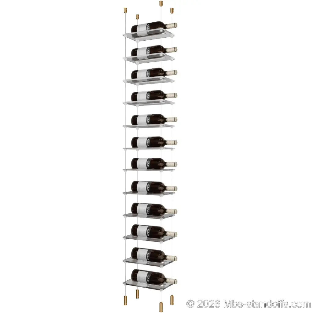 Sauvignon - Pouilly-Fumé Collection Bottle Display Cable Cradle Kit, 12-Bottle Capacity, Floating Cable System, 1-Bottle Flat Acrylic Cradle, Cable: 1/16″ Diameter, 13′-1″ Length with Champagne Anodized Hanger