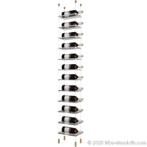 [ACG1904BR-CF01C-K12] Sauvignon - Pouilly-Fumé Collection Bottle Display Cable Cradle Kit, 12-Bottle Capacity, Floating Cable System, 1-Bottle Flat Acrylic Cradle, Cable: 1/16″ Diameter, 13′-1″ Length with Champagne Anodized Hanger