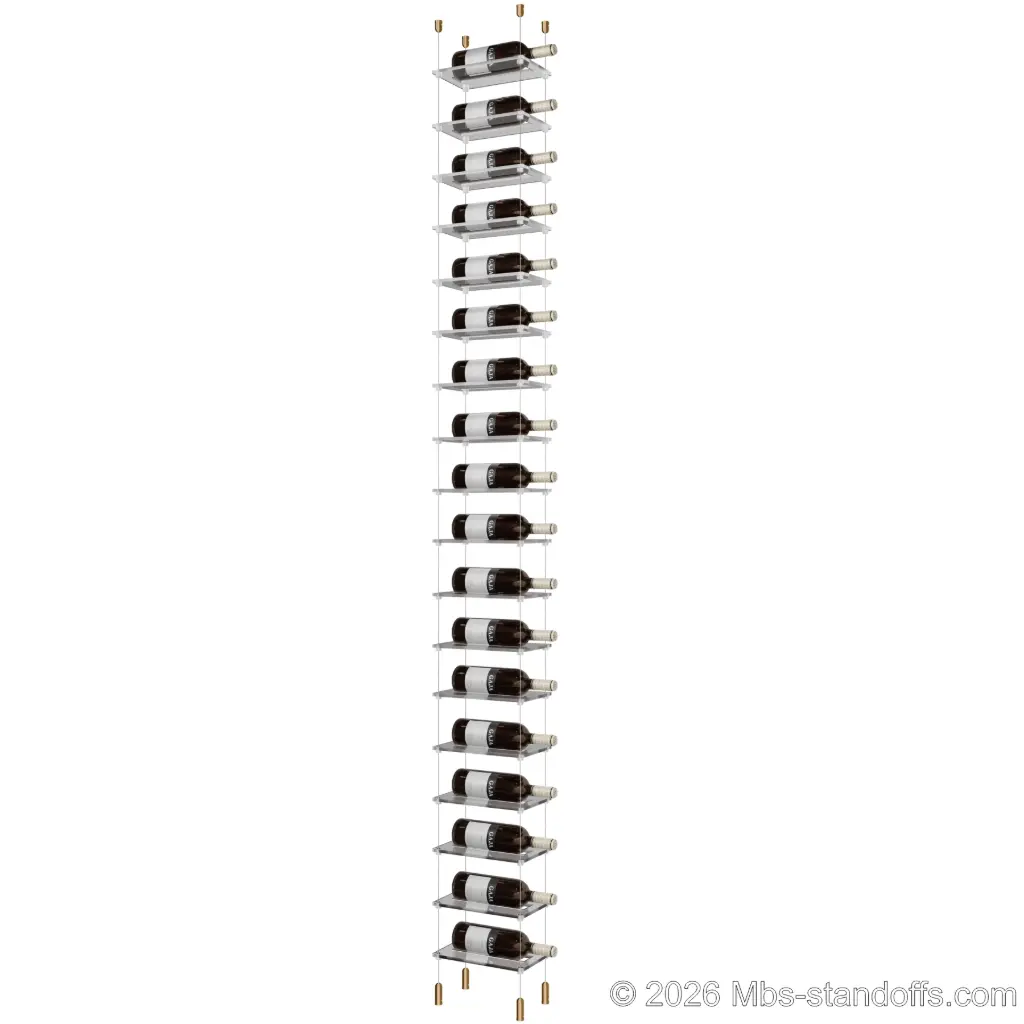 Sauvignon - Pouilly-Fumé Collection Bottle Display Cable Cradle Kit, 18-Bottle Capacity, Floating Cable System, 1-Bottle Flat Acrylic Cradle, Cable: 1/16″ Diameter, 13′-1″ Length with Champagne Anodized Hanger