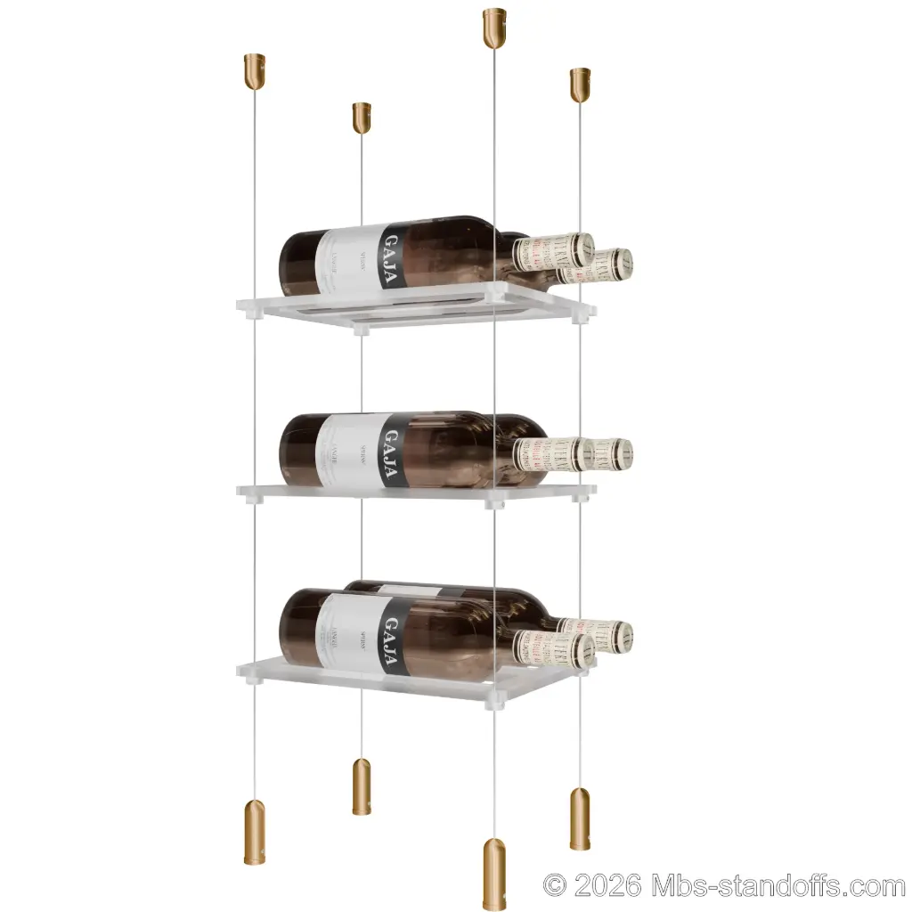 Sauvignon - Pouilly-Fumé Collection Bottle Display Cable Cradle Kit, 6-Bottle (2x3) Capacity, Floating Cable System, 2-Bottle Flat Acrylic Cradle, Cable: 1/16″ Diameter, 13′-1″ Length with Champagne Anodized Hanger