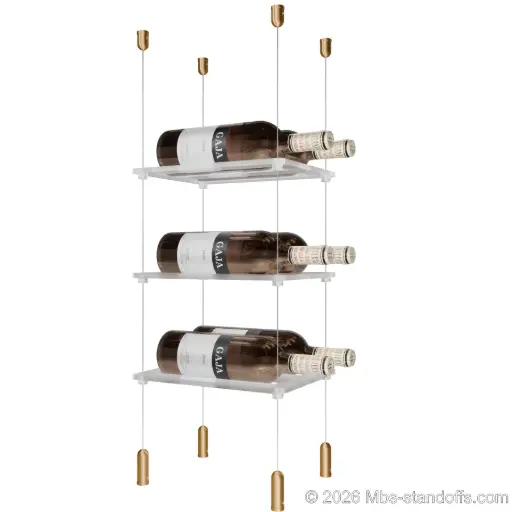 [ACG1904BR-CF02C-K3] Sauvignon - Pouilly-Fumé Collection Bottle Display Cable Cradle Kit, 6-Bottle (2x3) Capacity, Floating Cable System, 2-Bottle Flat Acrylic Cradle, Cable: 1/16″ Diameter, 13′-1″ Length with Champagne Anodized Hanger