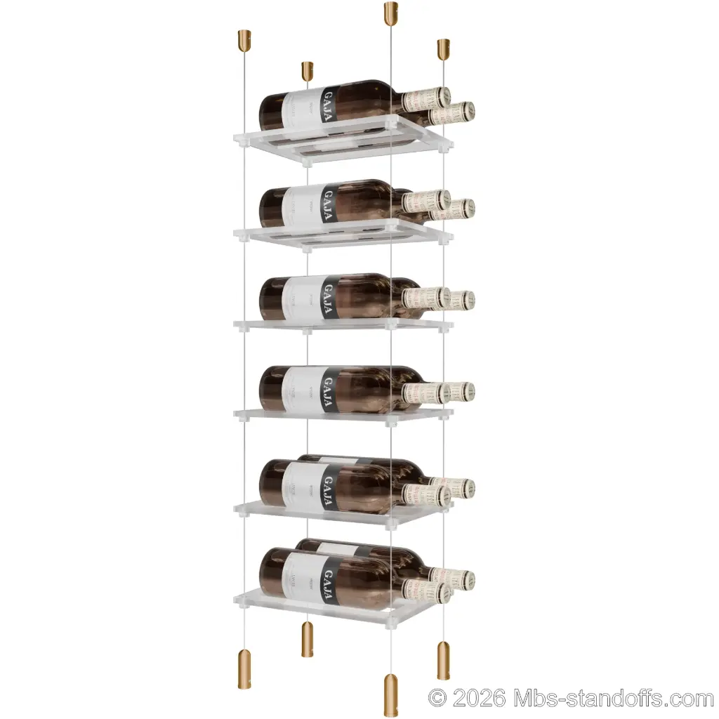 Sauvignon - Pouilly-Fumé Collection Bottle Display Cable Cradle Kit, 12-Bottle (2x6) Capacity, Floating Cable System, 2-Bottle Flat Acrylic Cradle, Cable: 1/16″ Diameter, 13′-1″ Length with Champagne Anodized Hanger